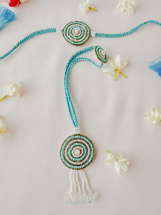 Blue Vibrant Bloom Lumba Set Handmade Rakhi